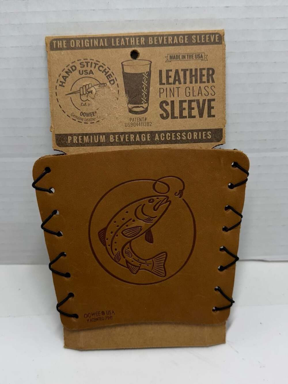 Oowee Leather Pint Glass Sleeve with Trout Fish Design